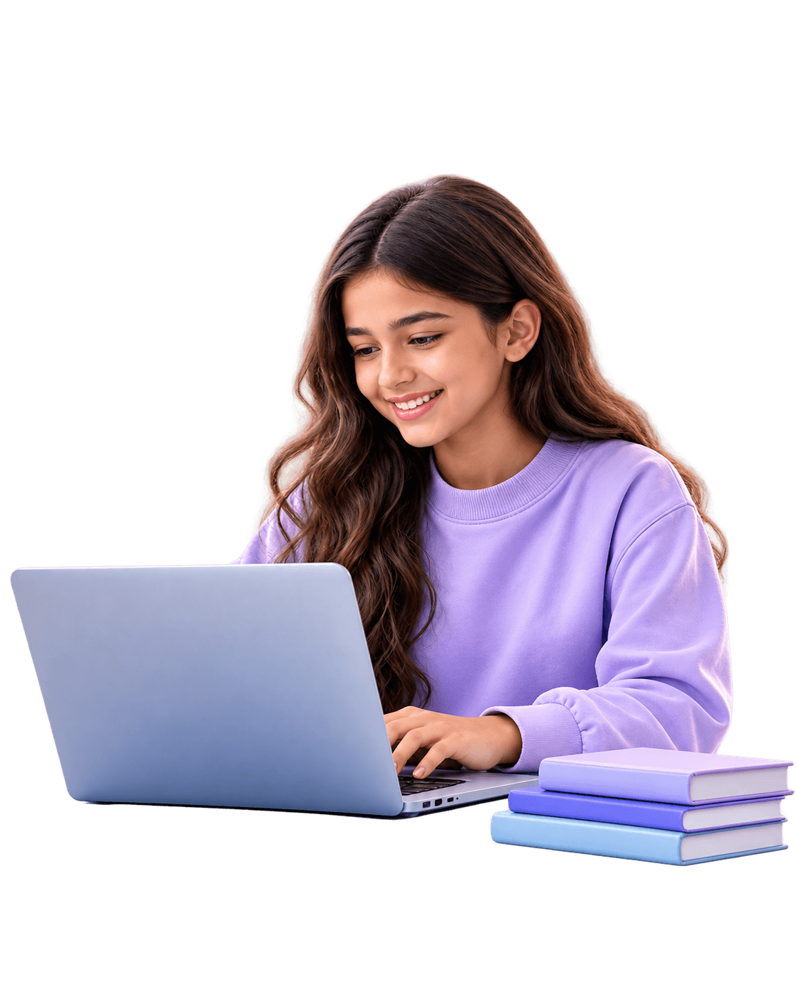 A student smiling while studying on a laptop with a stack of books